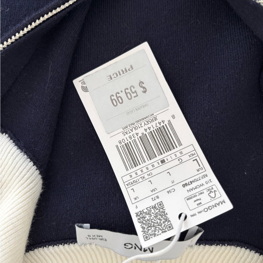 Mango Navy and Cream Zip-Up Sweater